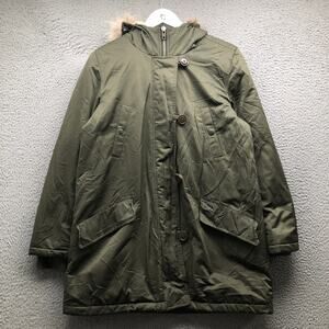 Theory Puffer Down Parka Military Coat Mens Medium Full Zip Coyote Fur Trim Hood